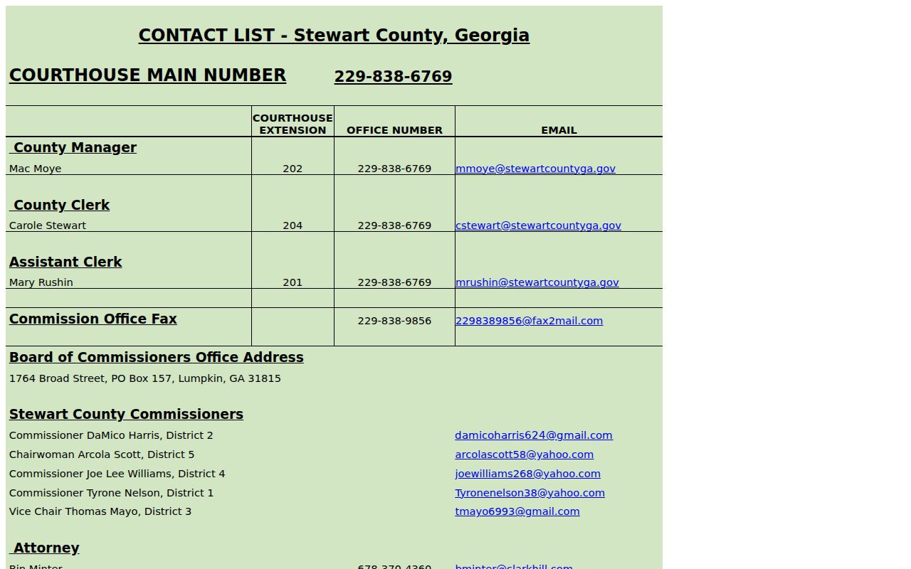 Stewart County official directory listing sheriff and court contact routes
