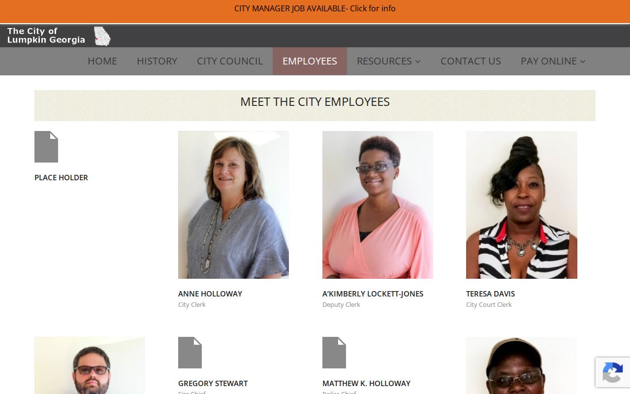Lumpkin employee directory identifying the city court clerk role