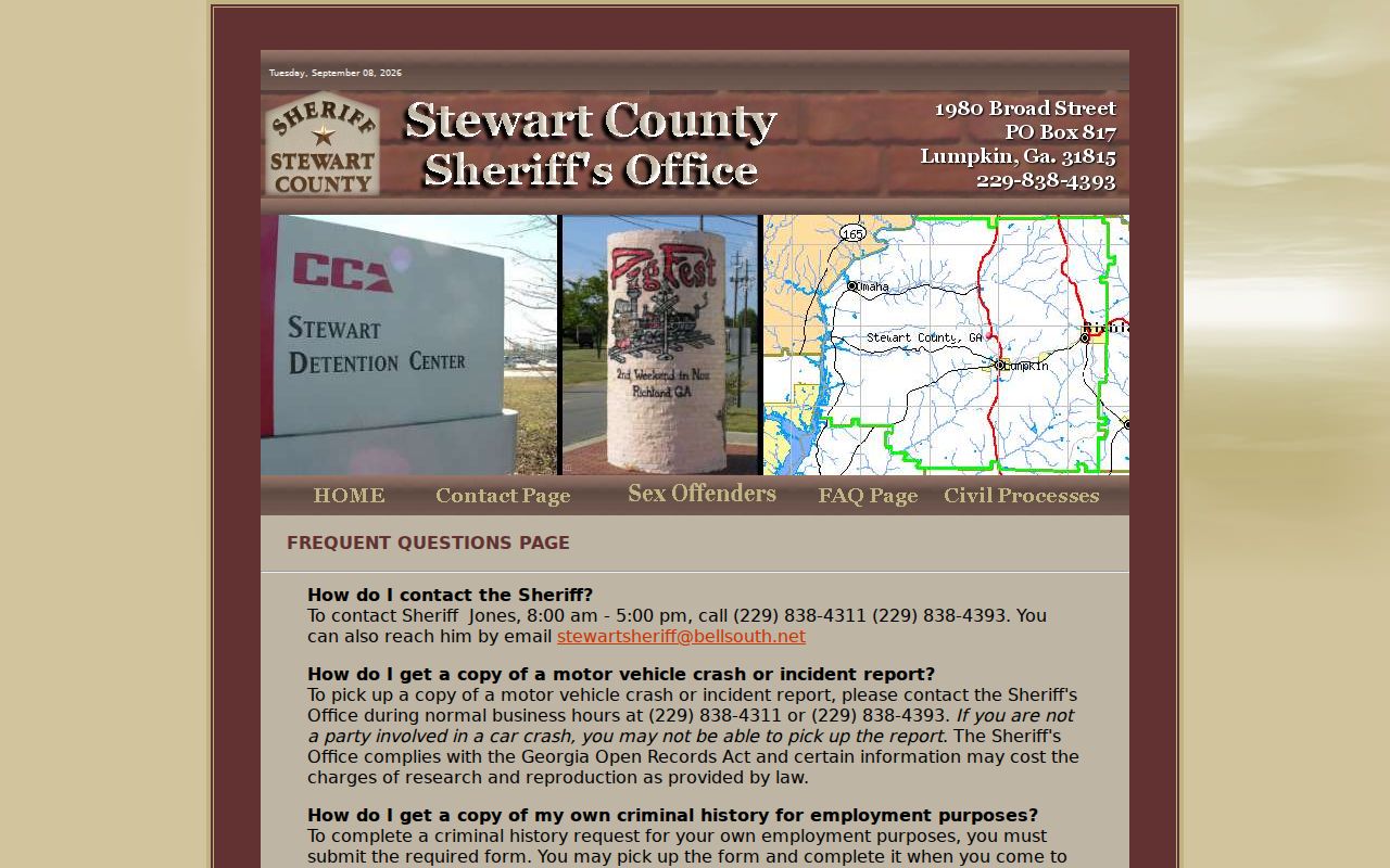 Stewart County Sheriff's Office FAQ discussing bond and public records routes