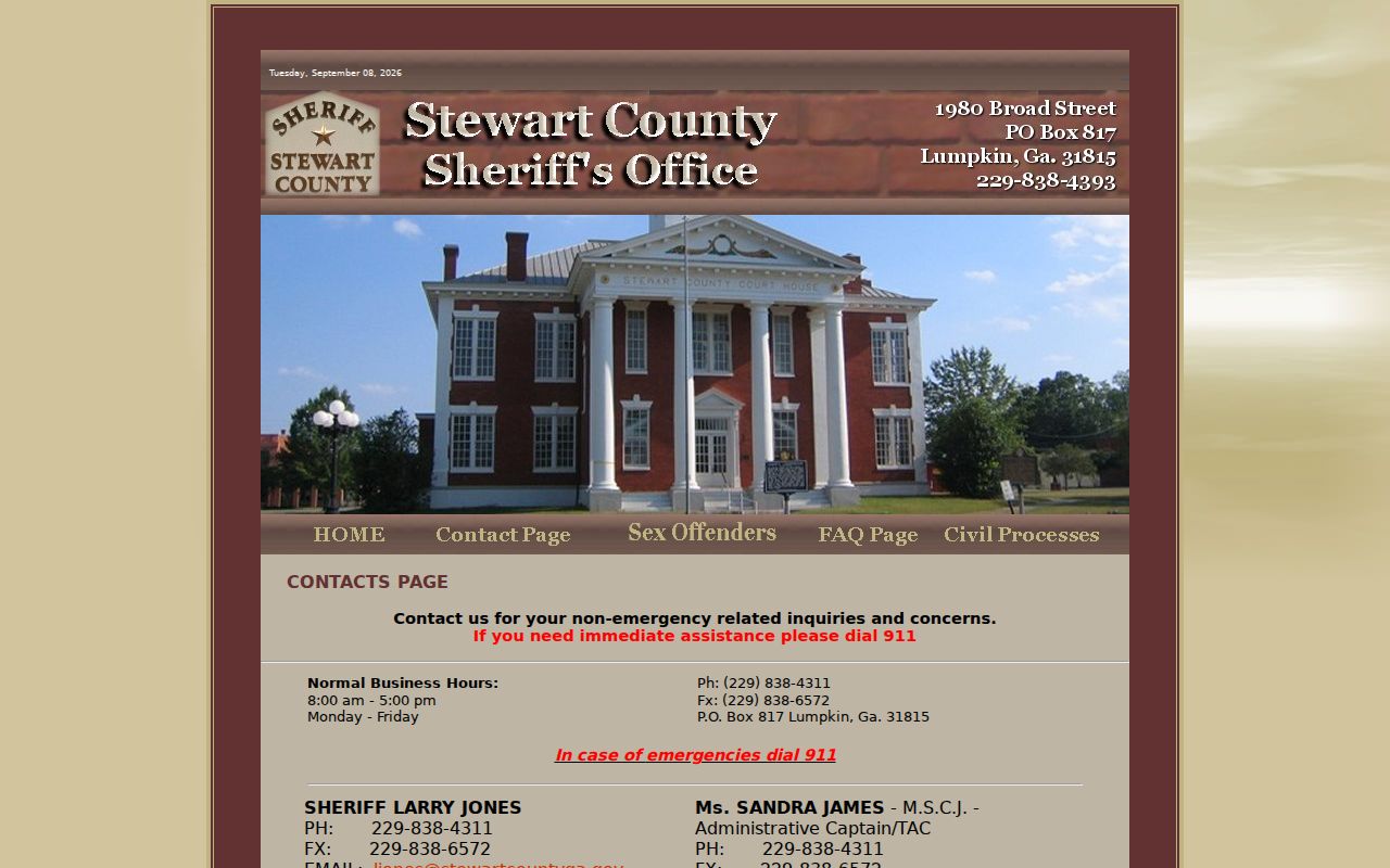 Stewart County Sheriff's Office official contact page with phone numbers and hours